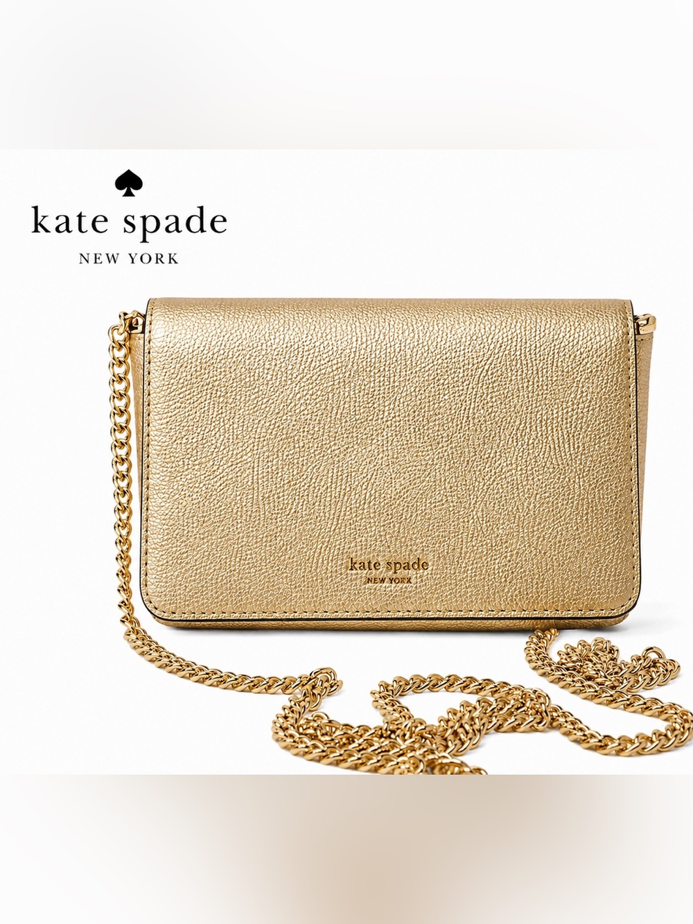 Kate Spade New York Metallic Gold Crossbody Wallet Purse Chain Strap Leather